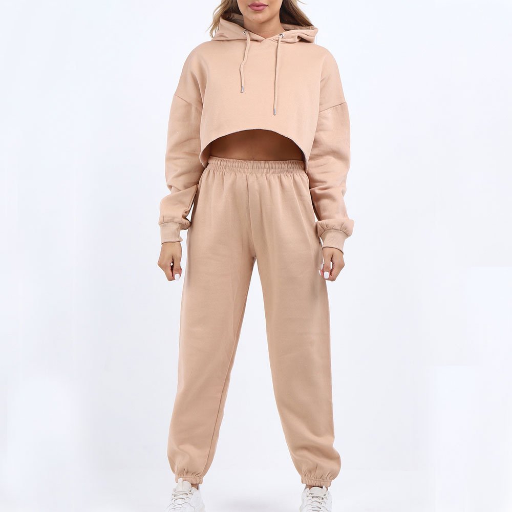 Two Piece Custom Logo Short Women Pullover Long Sleeve Jumper Puff Half Crop Hoodie Pants Set