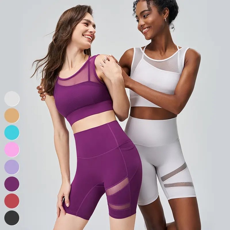 Wholesale Women's Sets Adjustable Running Sports Bra Shorts 2 Piece Suit Custom Logo Workout Clothing Yoga Set Gym Active Sets