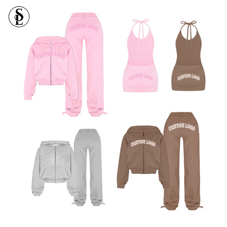 Custom LOGO Pink Distressed Zip Hoodie Women Tracksuits Joggers Sets Women Two Piece SweatPants Set Women's Sweatsuits Set