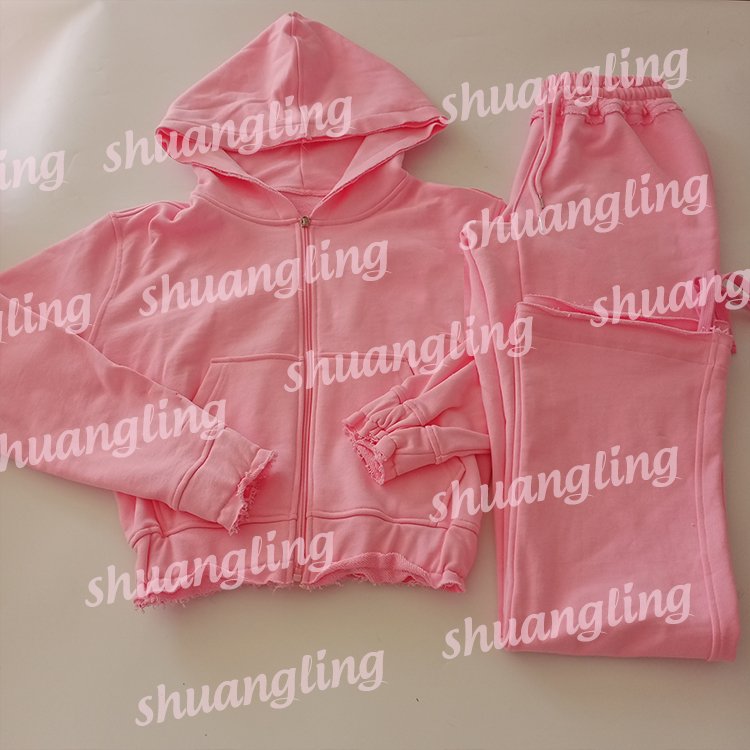 Custom LOGO Pink Distressed Zip Hoodie Women Tracksuits Joggers Sets Women Two Piece SweatPants Set Women's Sweatsuits Set
