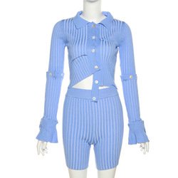 W22s21466 New Fashion Spring Clothes Boutique 2023 New Arrivals Long Sleeve Shirts Striped Shorts Women's Sets 2 Piece Set Women