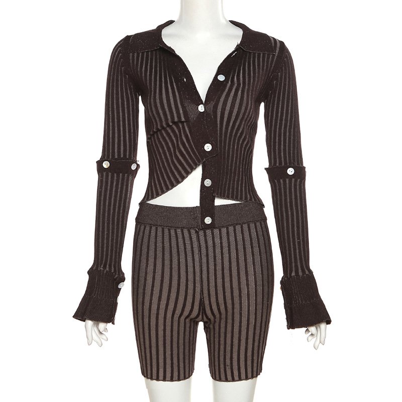 W22s21466 New Fashion Spring Clothes Boutique 2023 New Arrivals Long Sleeve Shirts Striped Shorts Women's Sets 2 Piece Set Women