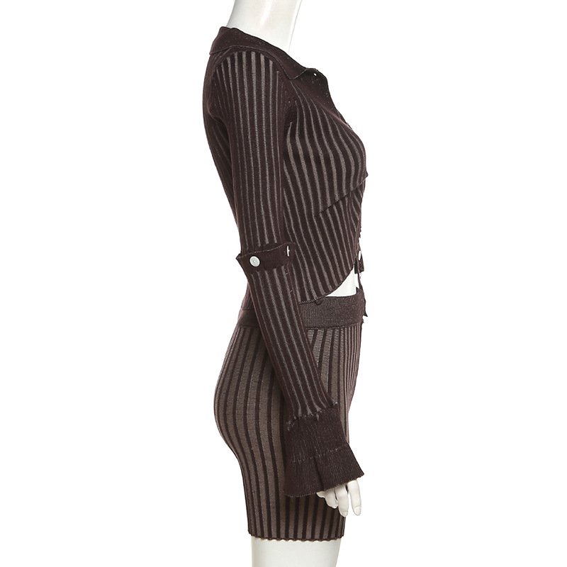 W22s21466 New Fashion Spring Clothes Boutique 2023 New Arrivals Long Sleeve Shirts Striped Shorts Women's Sets 2 Piece Set Women