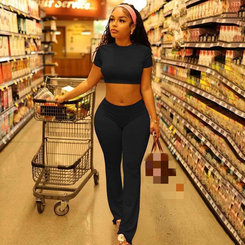 2024 women's summer new short-sleeved round neck crop jacket elastic waist trousers casual two-piece yoga gym 2 sets