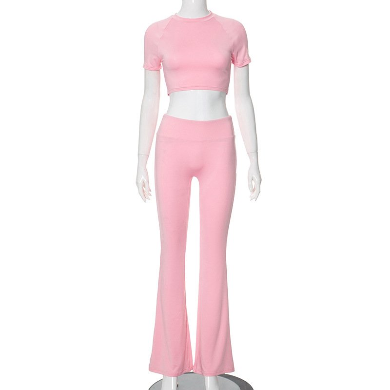 2024 women's summer new short-sleeved round neck crop jacket elastic waist trousers casual two-piece yoga gym 2 sets