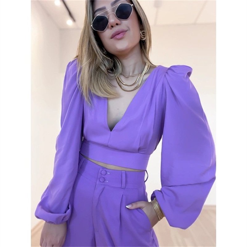 2024 New Arrivals Fall Deep V-neck Blouse High Waist Wide Leg Trousers Suits Casual American Clothing Two Piece Women's Sets