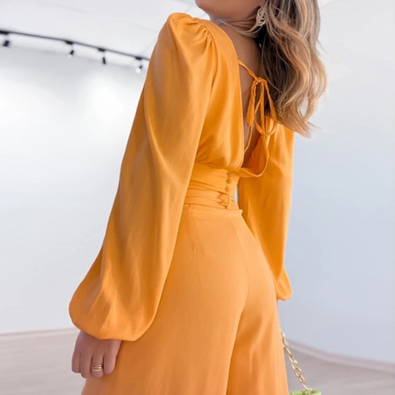 2024 New Arrivals Fall Deep V-neck Blouse High Waist Wide Leg Trousers Suits Casual American Clothing Two Piece Women's Sets