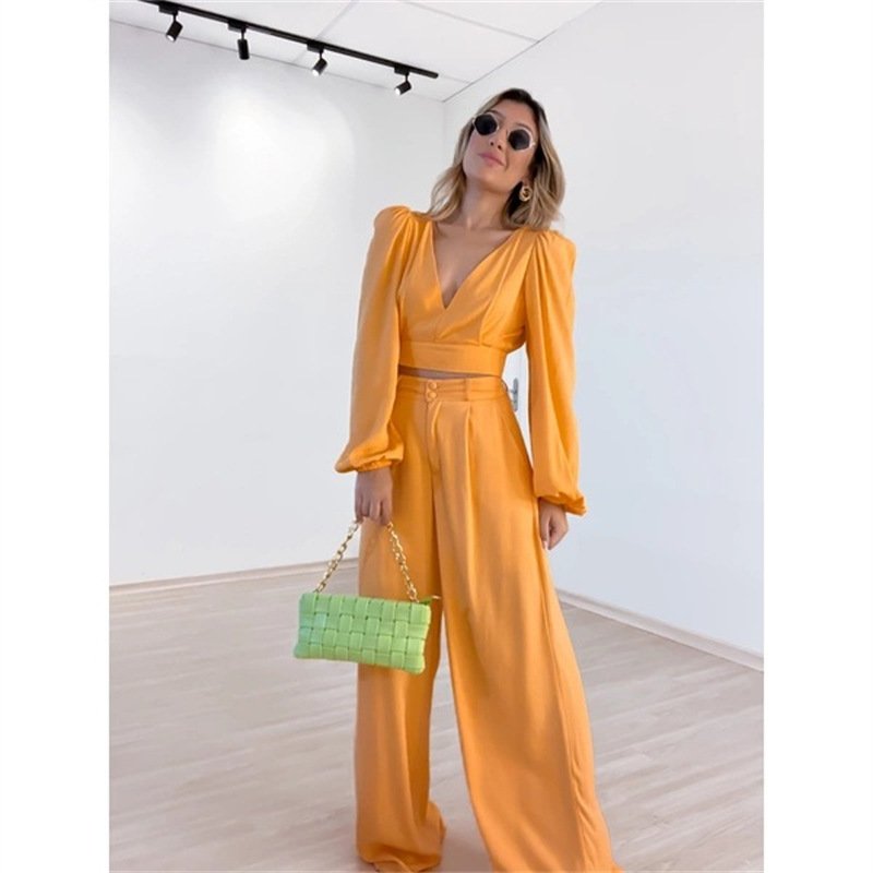 2024 New Arrivals Fall Deep V-neck Blouse High Waist Wide Leg Trousers Suits Casual American Clothing Two Piece Women's Sets