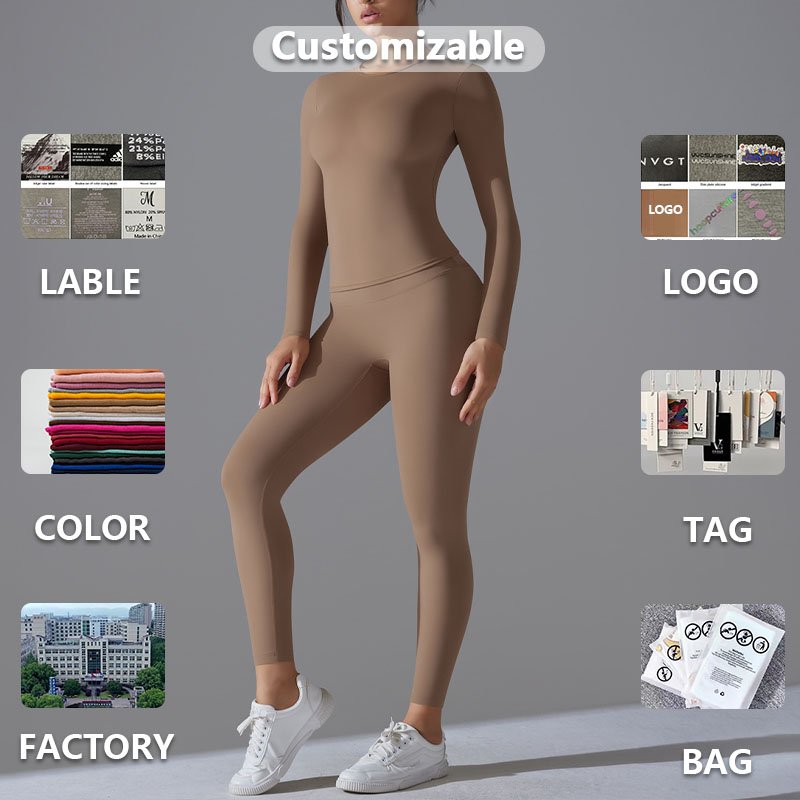 XW-6662+6618 Leggings And Long Sleeve Shirt Women's Sets Strength Training Sportswear Round Neckline High Waist Yoga Set