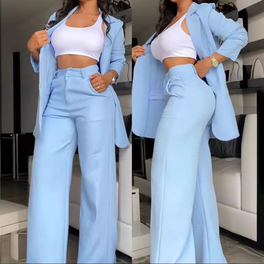 Fashionable 2024 Women S Solid Color Suit Set With Split Sleeve Detail Lapel Collar And Straight Leg Trousers