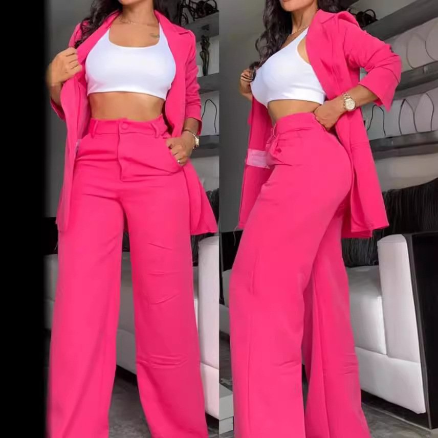 Fashionable 2024 Women S Solid Color Suit Set With Split Sleeve Detail Lapel Collar And Straight Leg Trousers
