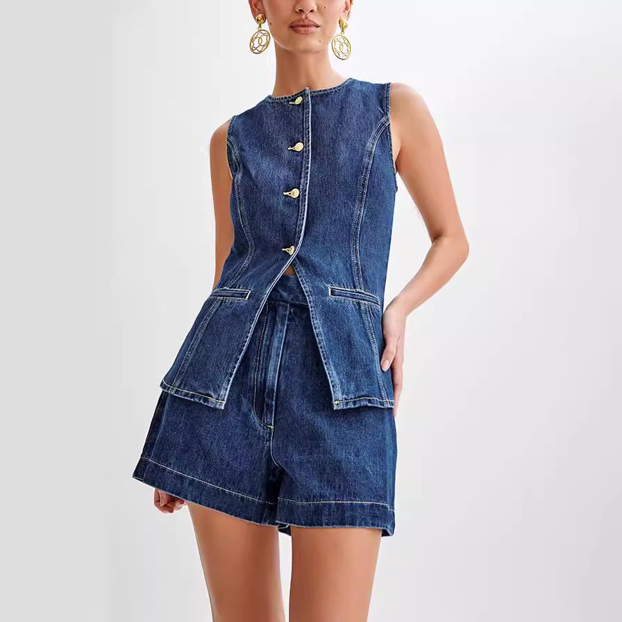 Boutique Wholesale 2024 Summer Fashion Casual Sleeveless Vest High Waisted Denim Shorts Women's Set