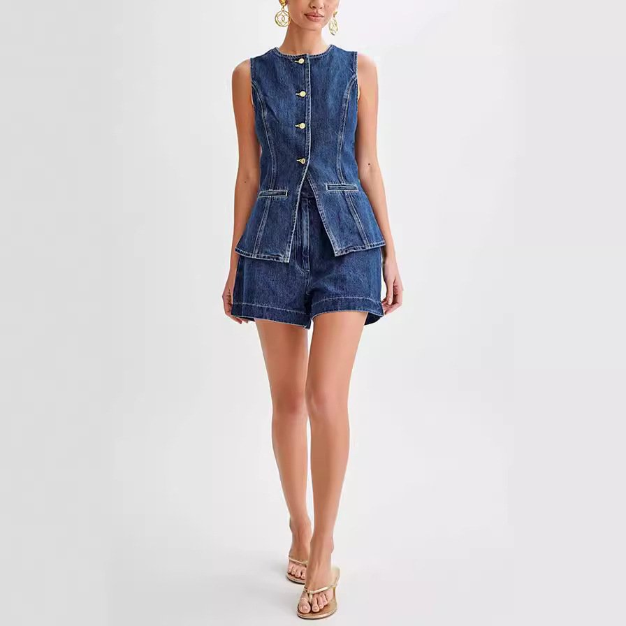 Boutique Wholesale 2024 Summer Fashion Casual Sleeveless Vest High Waisted Denim Shorts Women's Set