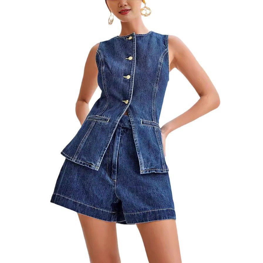 Boutique Wholesale 2024 Summer Fashion Casual Sleeveless Vest High Waisted Denim Shorts Women's Set
