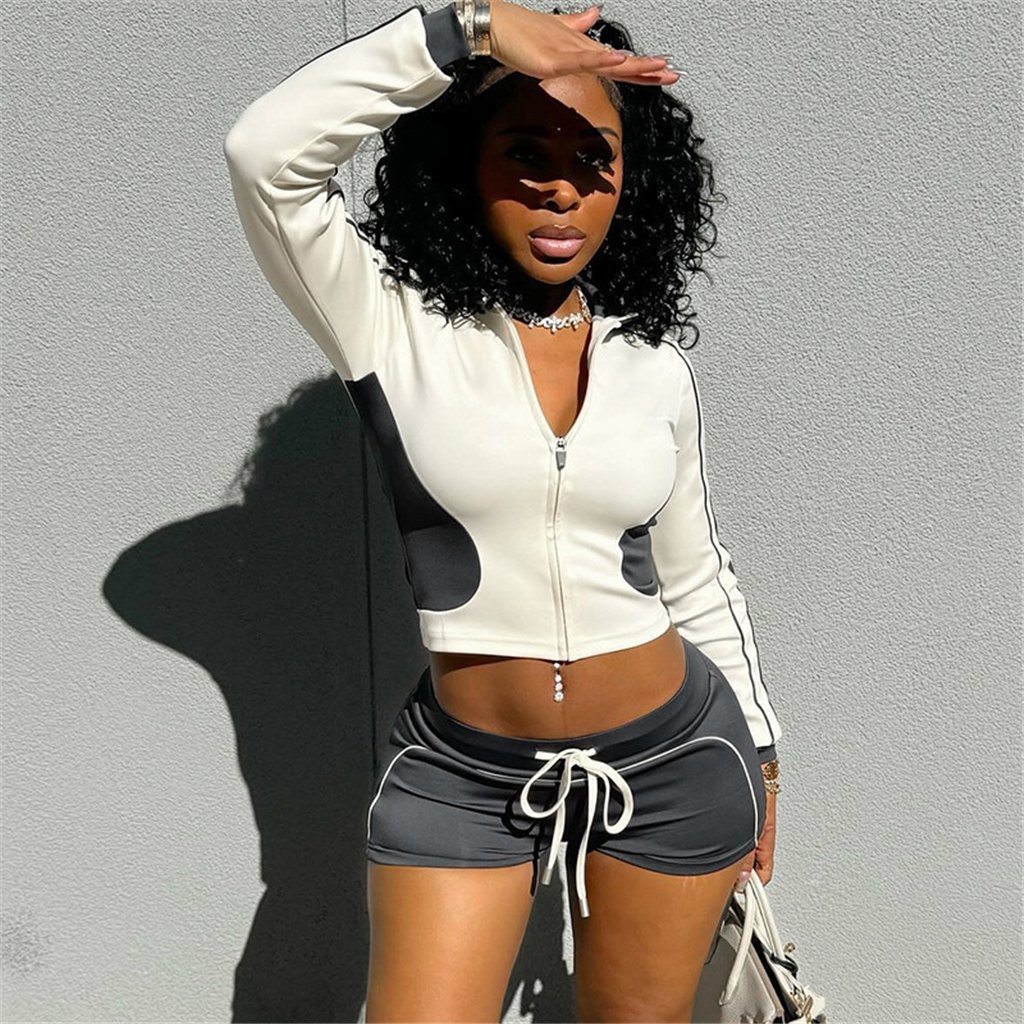 ZHEZHE new autumn two piece shorts set stand collar fitness wear slimming top sports shorts suit women's tracksuit