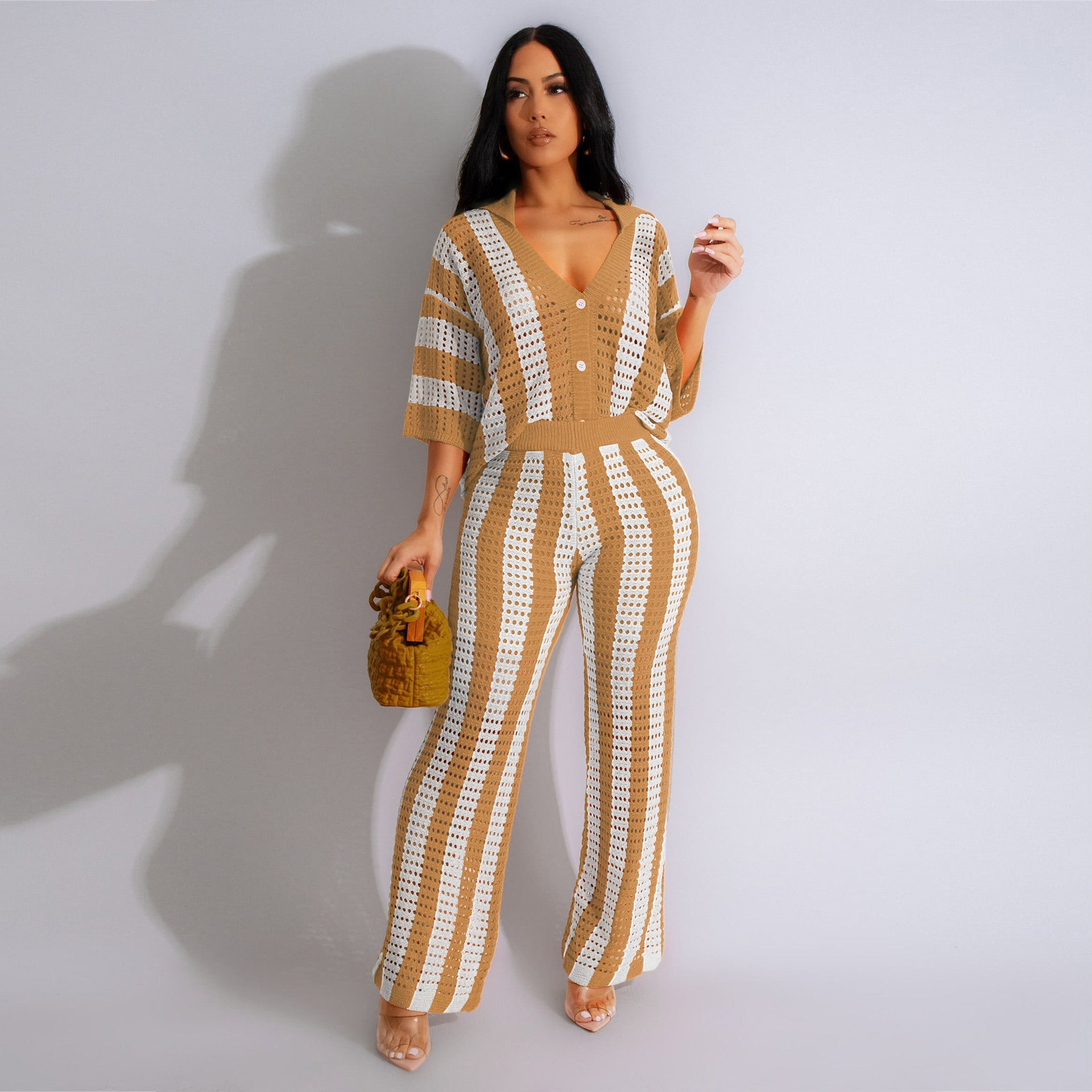 Color Blocking Fashion Casual Women Short Sleeve Striped Sweaters Knit Top Shirt And Knit Pants Ladies 2 Piece Set Women's Sets
