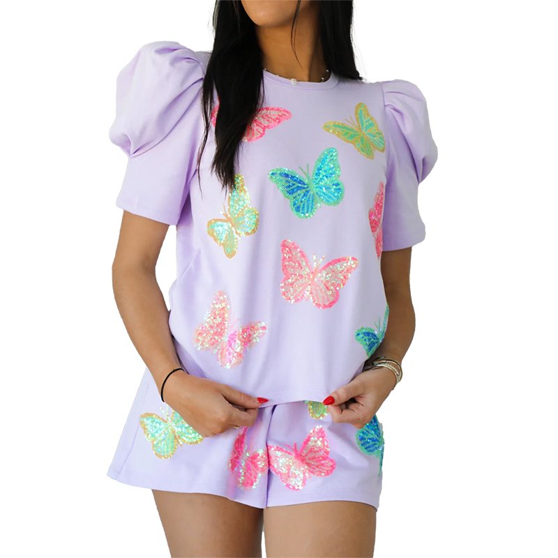 Custom Women's Sequin Track Suit Sparkle Pullover and Shorts with Butterfly Embroidery Patch 2-Piece Sets for Women