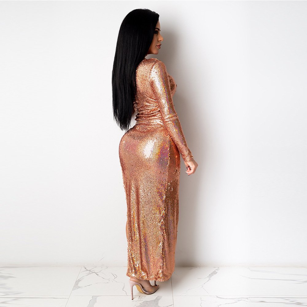Women's set Sequined sexy Single sleeve One shoulder skirt two piece set in 2021