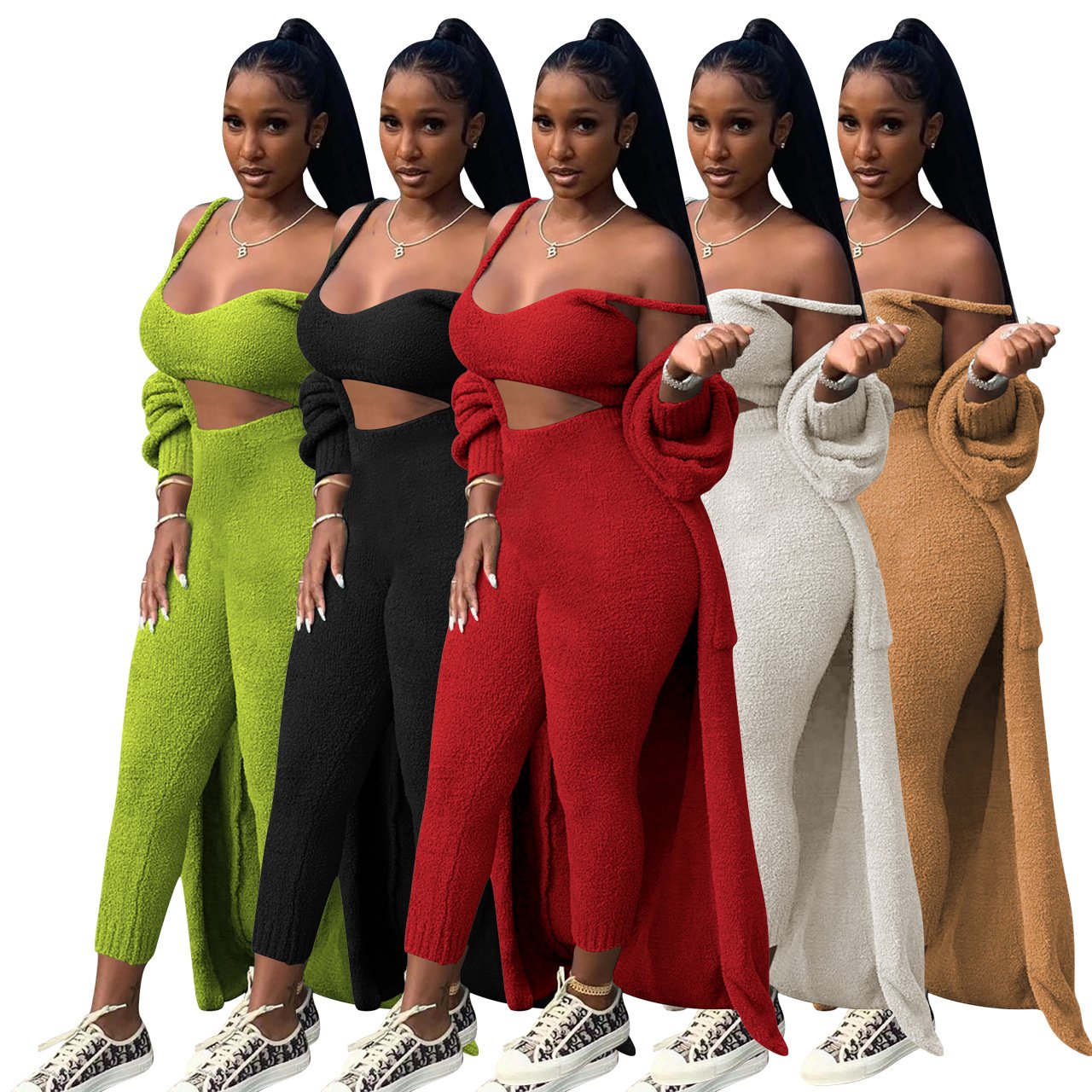 Cozy winter clothes for women thick fleece knitted cardigan long coat and pants 3 piece sets women 3 pieces suits