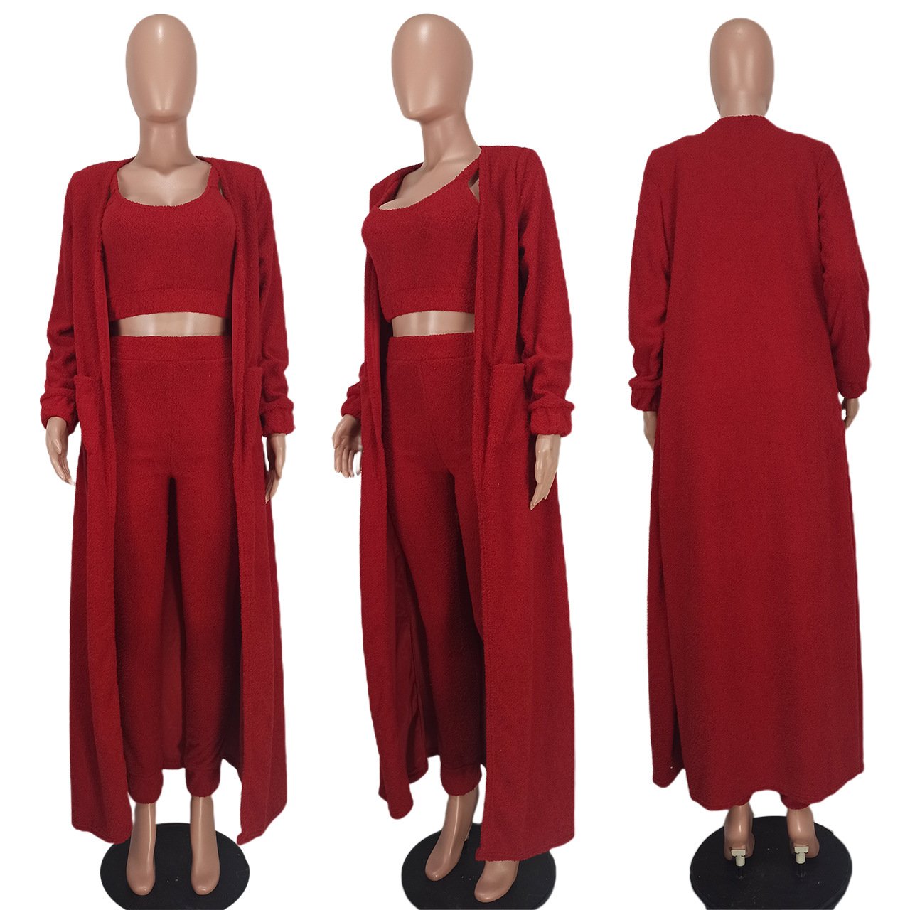 Cozy winter clothes for women thick fleece knitted cardigan long coat and pants 3 piece sets women 3 pieces suits