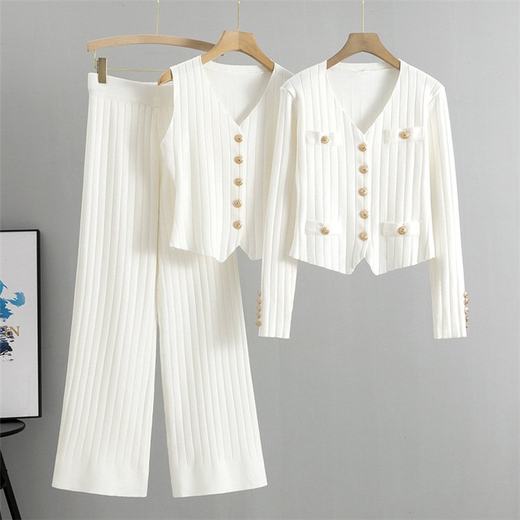 2024 New Style Solid Color 3-Piece Set for Women V-Neck Cardigan Tank Pants Casual Knitting Sweater Button Decoration winter