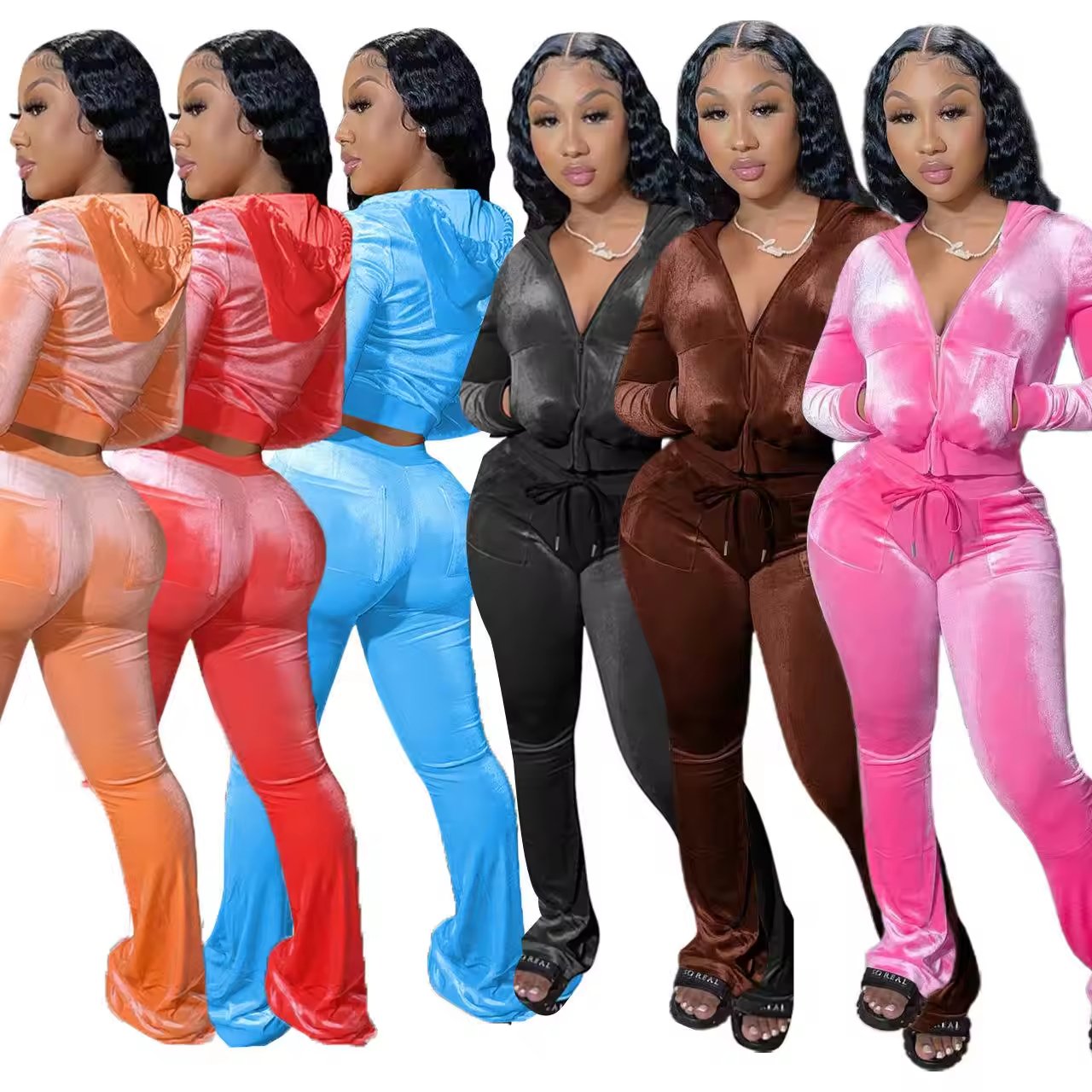 Women's Velour Tracksuit Leggings Two-Piece Set Low Cut Long Sleeve Crop Top and Pocket Flare Pants with Casual Style