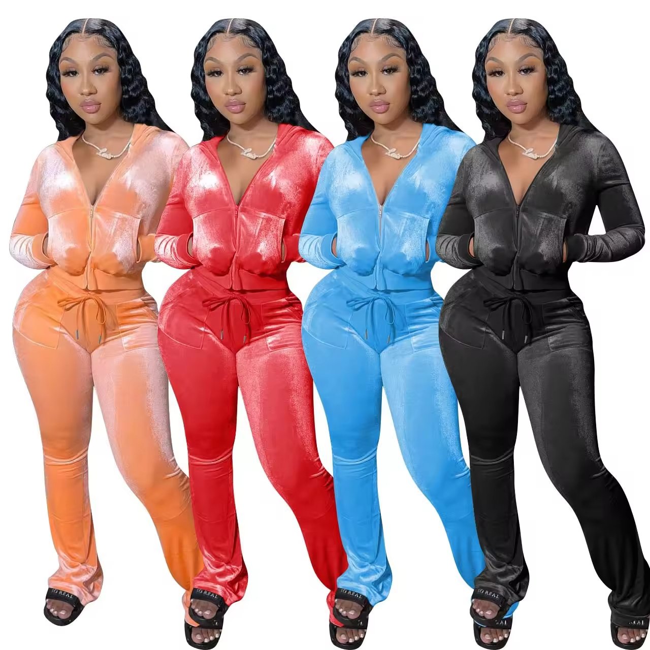 Women's Velour Tracksuit Leggings Two-Piece Set Low Cut Long Sleeve Crop Top and Pocket Flare Pants with Casual Style