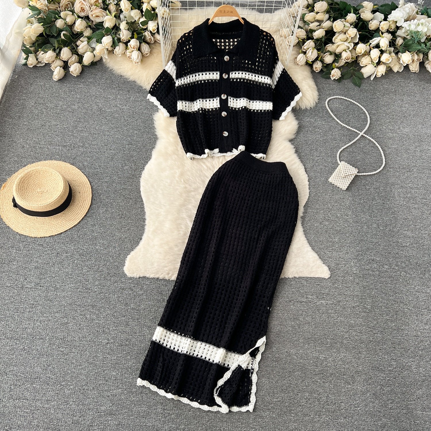 Spring and Summer Vacation Style Set Women Lapel Short Sleeve Loose Top Split Skirt Two Piece Set