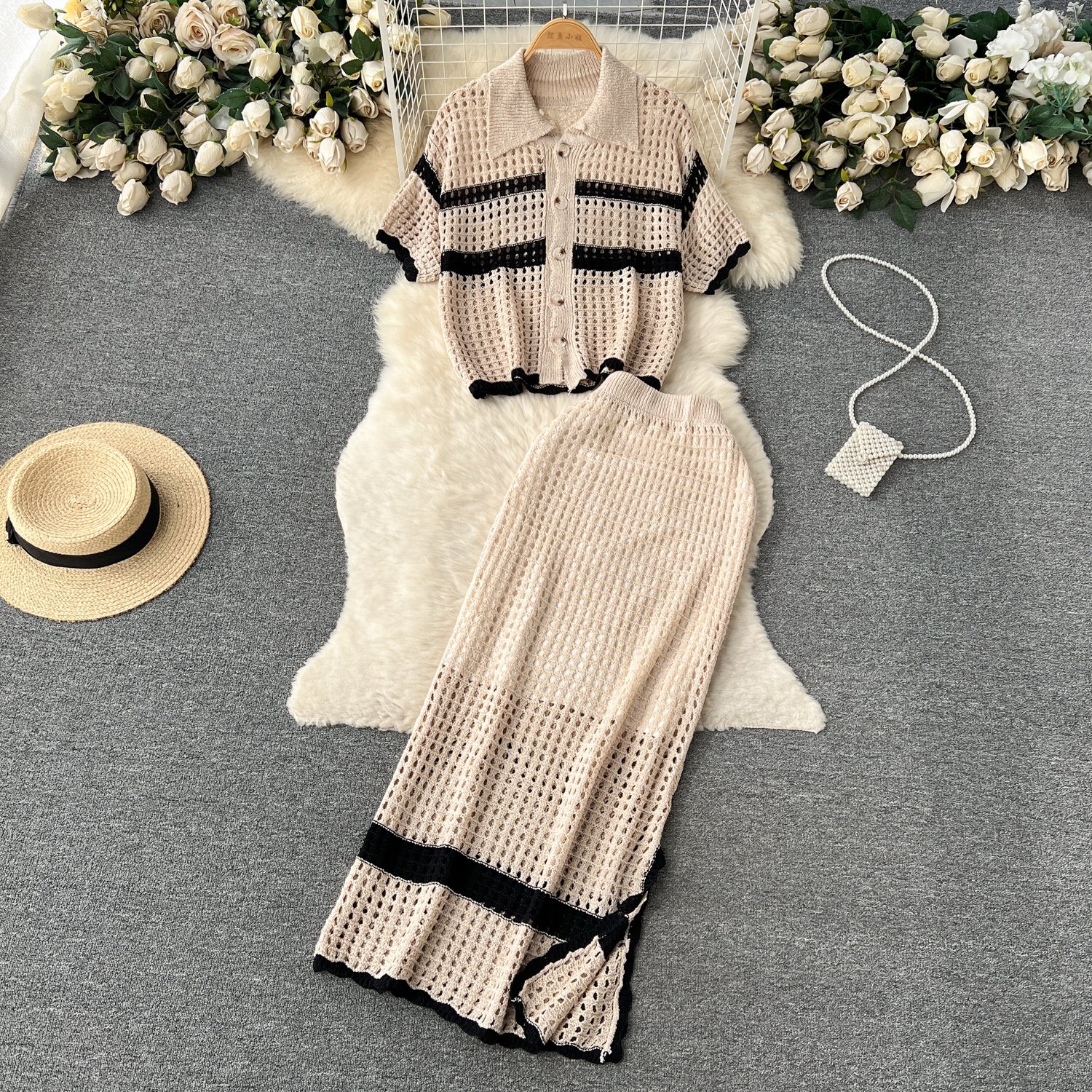 Spring and Summer Vacation Style Set Women Lapel Short Sleeve Loose Top Split Skirt Two Piece Set