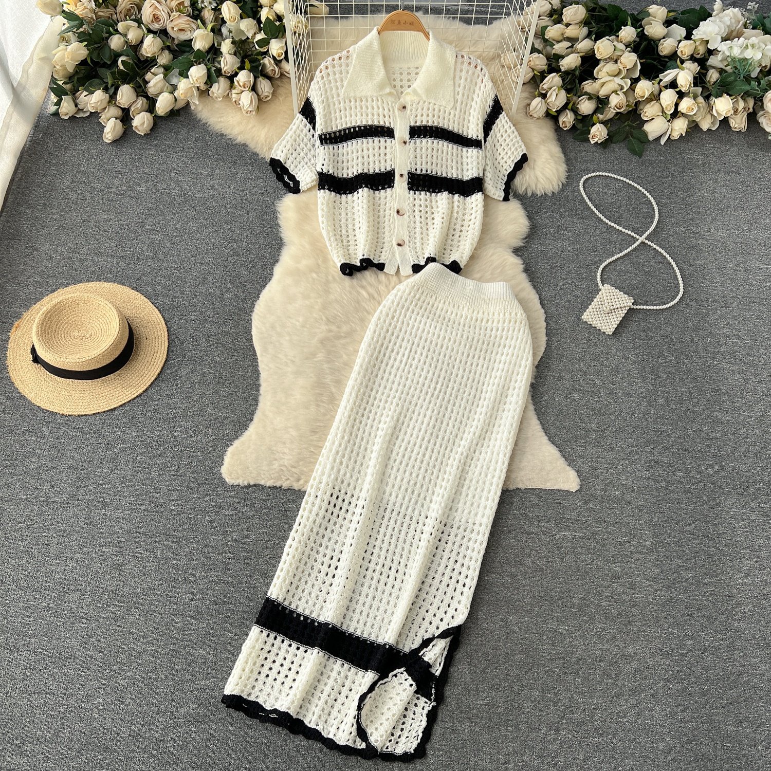 Spring and Summer Vacation Style Set Women Lapel Short Sleeve Loose Top Split Skirt Two Piece Set