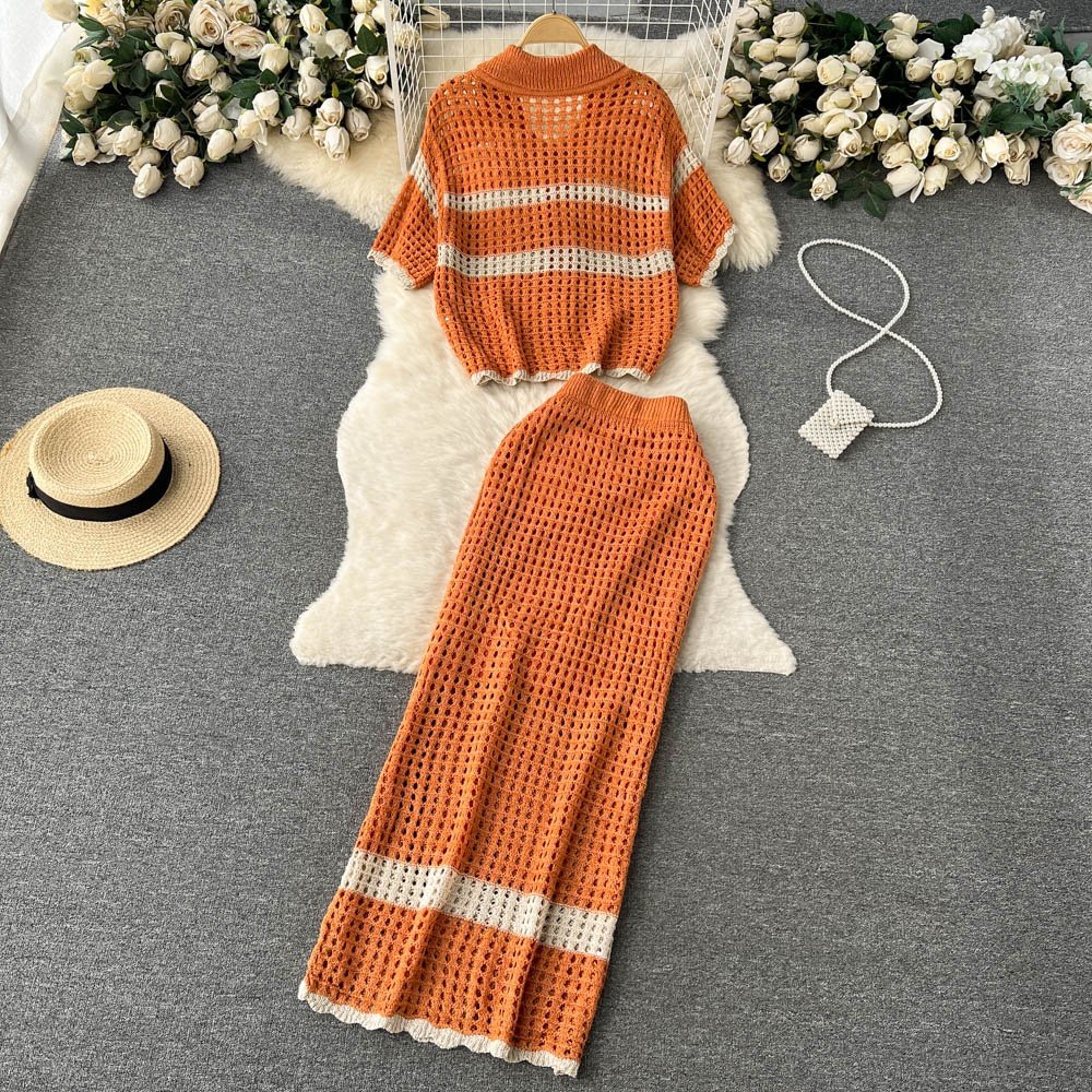 Spring and Summer Vacation Style Set Women Lapel Short Sleeve Loose Top Split Skirt Two Piece Set