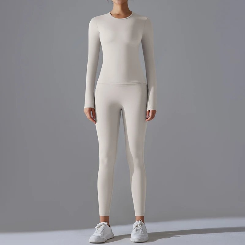 Women Round Neck Top Scrunch Butt Pant Yoga Suit Lady Long Sleeve Tight Gym Sets Female High Waist Abdomen Trousers Sports Wear