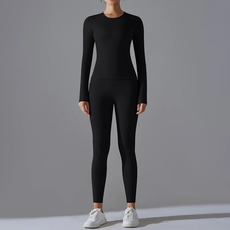 Women Round Neck Top Scrunch Butt Pant Yoga Suit Lady Long Sleeve Tight Gym Sets Female High Waist Abdomen Trousers Sports Wear