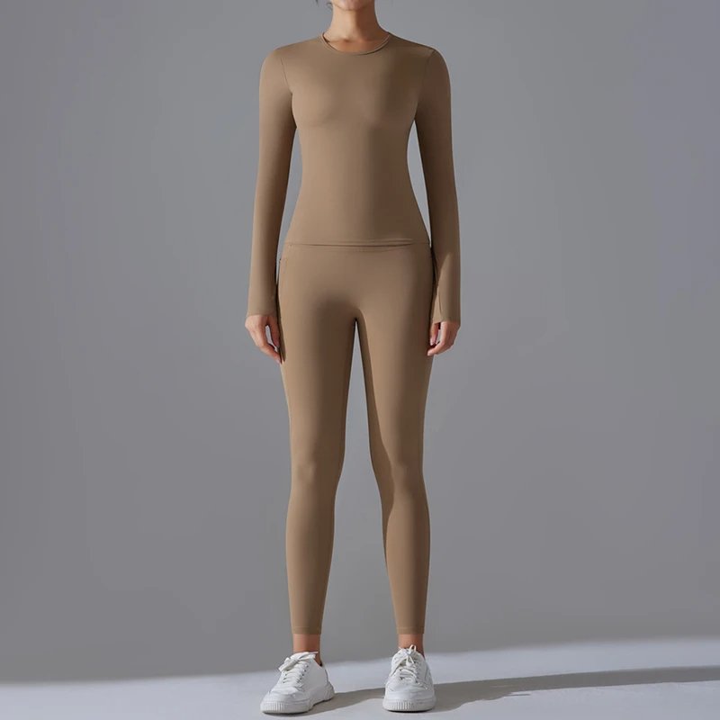 Women Round Neck Top Scrunch Butt Pant Yoga Suit Lady Long Sleeve Tight Gym Sets Female High Waist Abdomen Trousers Sports Wear