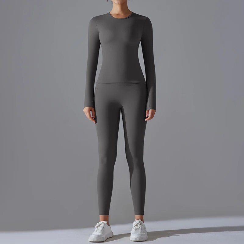 Women Round Neck Top Scrunch Butt Pant Yoga Suit Lady Long Sleeve Tight Gym Sets Female High Waist Abdomen Trousers Sports Wear