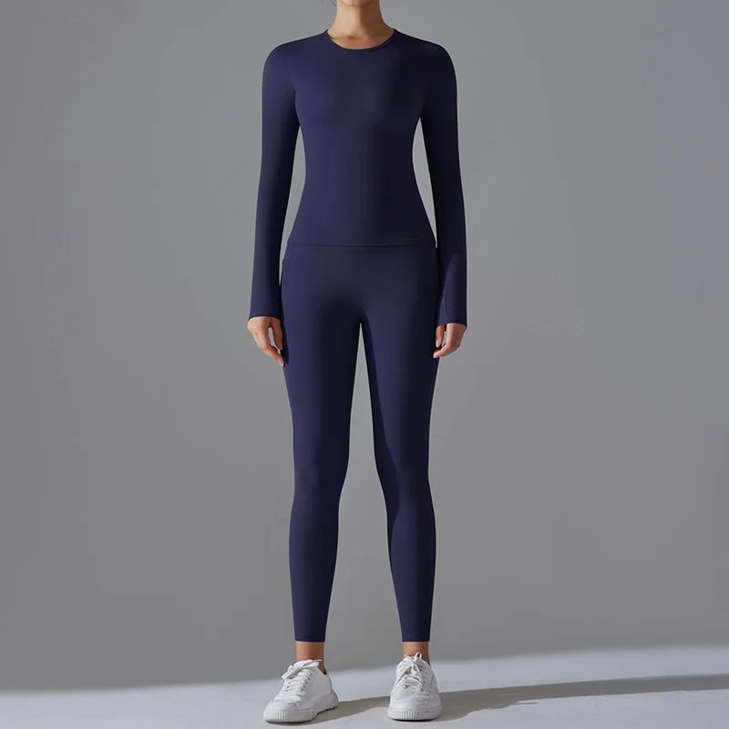Women Round Neck Top Scrunch Butt Pant Yoga Suit Lady Long Sleeve Tight Gym Sets Female High Waist Abdomen Trousers Sports Wear