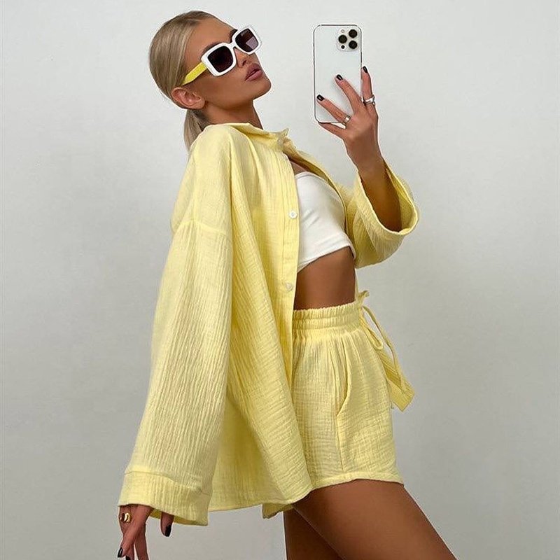 2024 Amazon summer European American clothing summer new cotton and linen solid color shirt short-sleeved casual shorts suit