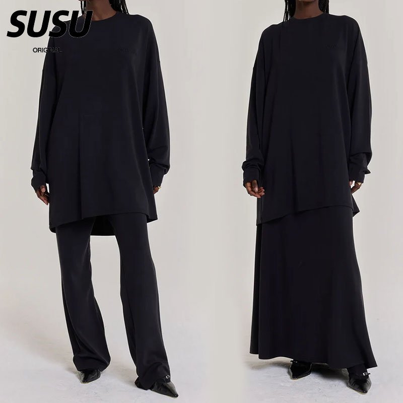 SUSU Essential Two-Piece Set Crew-Neck Modal Soft Women's Brown Long Sleeve Top Set Sweatshirt