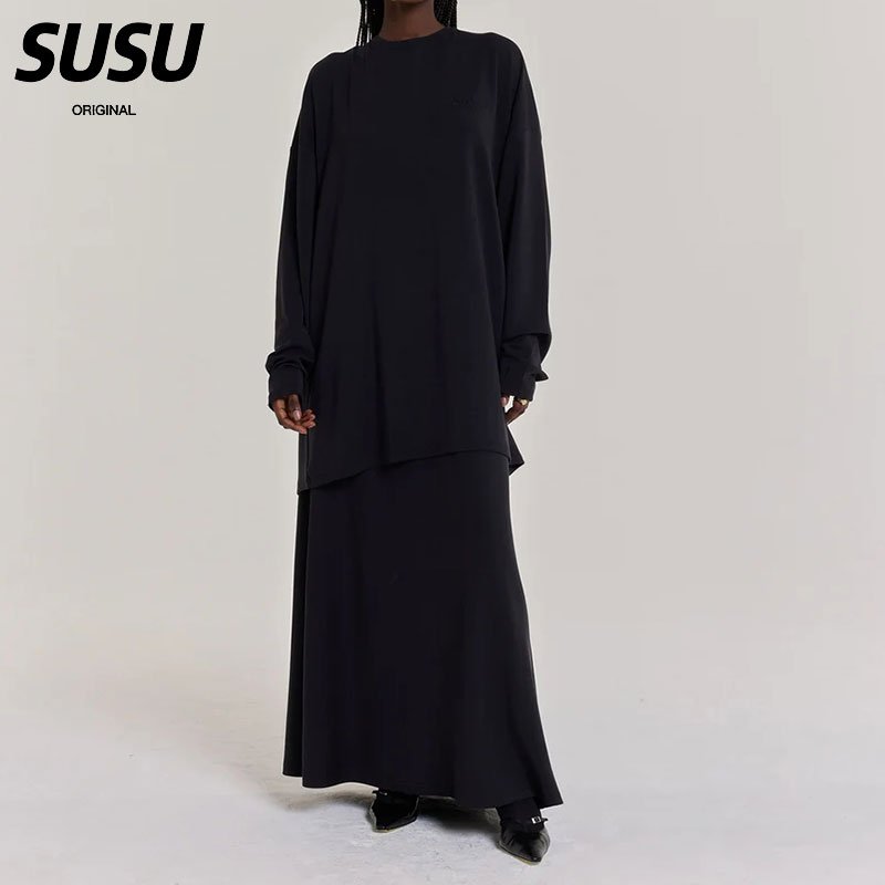 SUSU Essential Two-Piece Set Crew-Neck Modal Soft Women's Brown Long Sleeve Top Set Sweatshirt