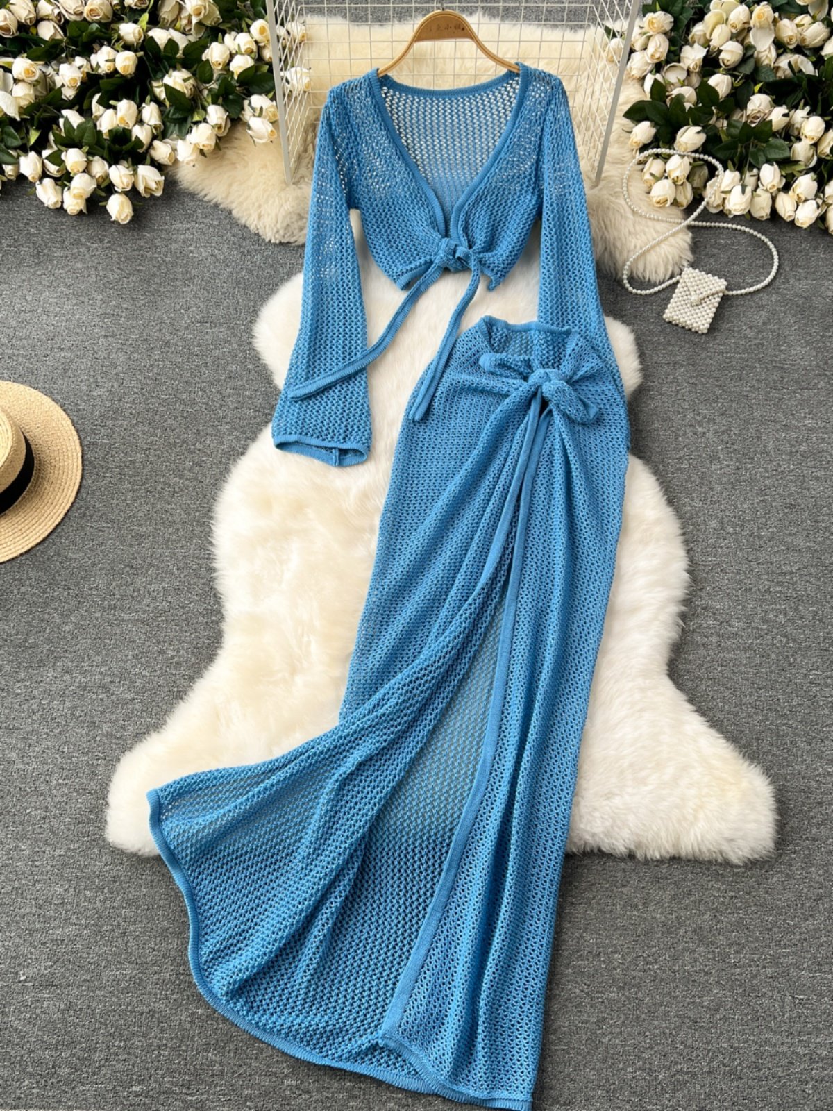 Boutique Wholesale 2024 Autumn New Long Sleeved Deep V Waist Lace High Waist Knitwear Sexy Split Skirt Women's Set