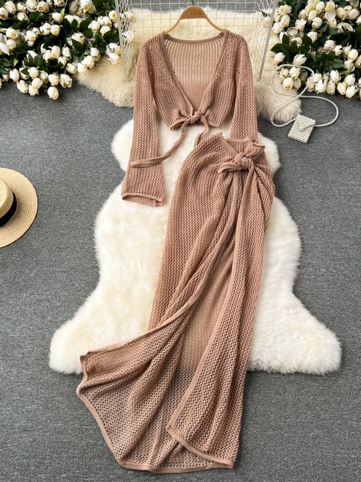 Boutique Wholesale 2024 Autumn New Long Sleeved Deep V Waist Lace High Waist Knitwear Sexy Split Skirt Women's Set