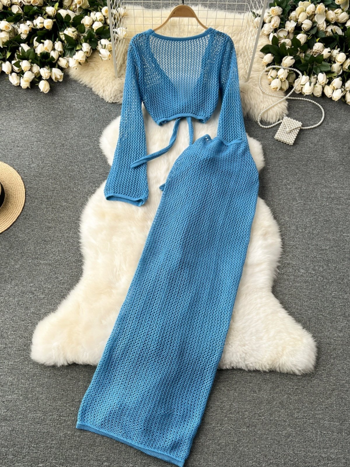 Boutique Wholesale 2024 Autumn New Long Sleeved Deep V Waist Lace High Waist Knitwear Sexy Split Skirt Women's Set