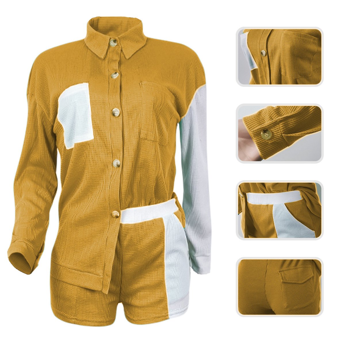 New Design Women Shorts Set Women Long Sleeve and Shorts Set Button Pocket Shirt Casual Two Piece Set