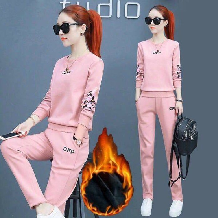 Women's casual sports set 2024 Autumn and winter women's new fleece thickened round neck set two-piece