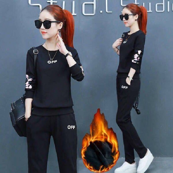 Women's casual sports set 2024 Autumn and winter women's new fleece thickened round neck set two-piece