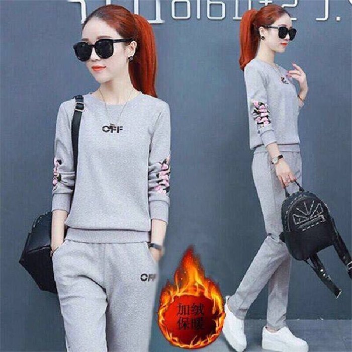 Women's casual sports set 2024 Autumn and winter women's new fleece thickened round neck set two-piece