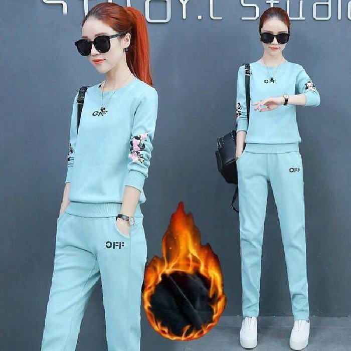 Women's casual sports set 2024 Autumn and winter women's new fleece thickened round neck set two-piece