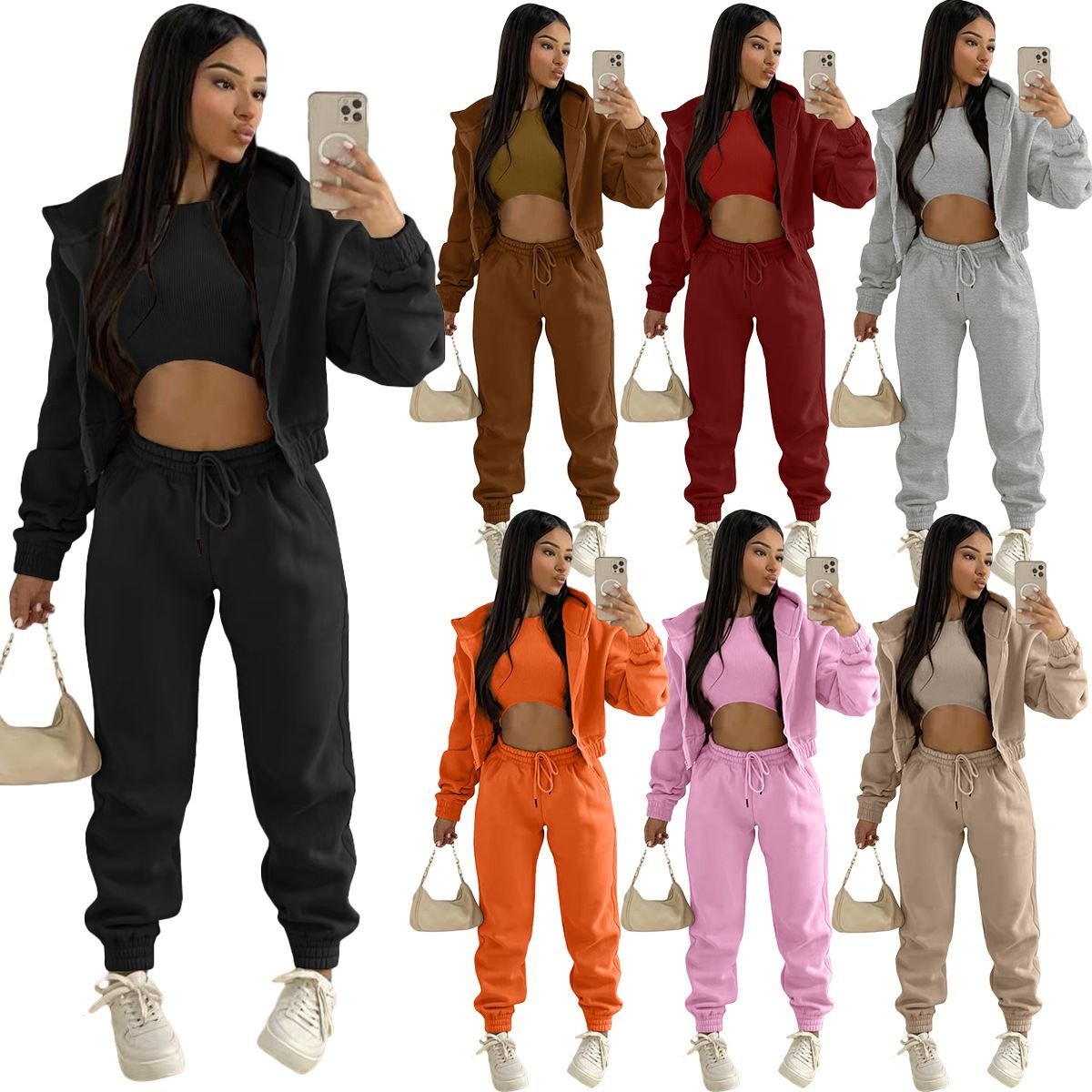 Casual Women Tracksuit Sweatsuit Sets 3 Piece Jogger Set Women Fleece Custom Women's Sets