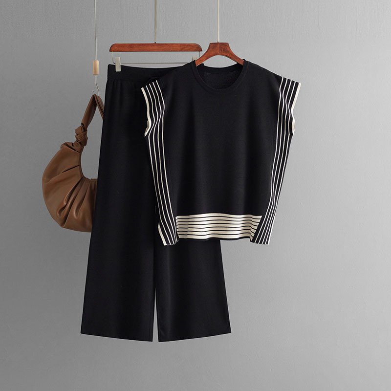 Wholesale 2024 Autumn New Fashion Striped Round Neck Loose Knit Sweater High Waist Straight Leg Wide Leg Pants Women's Set