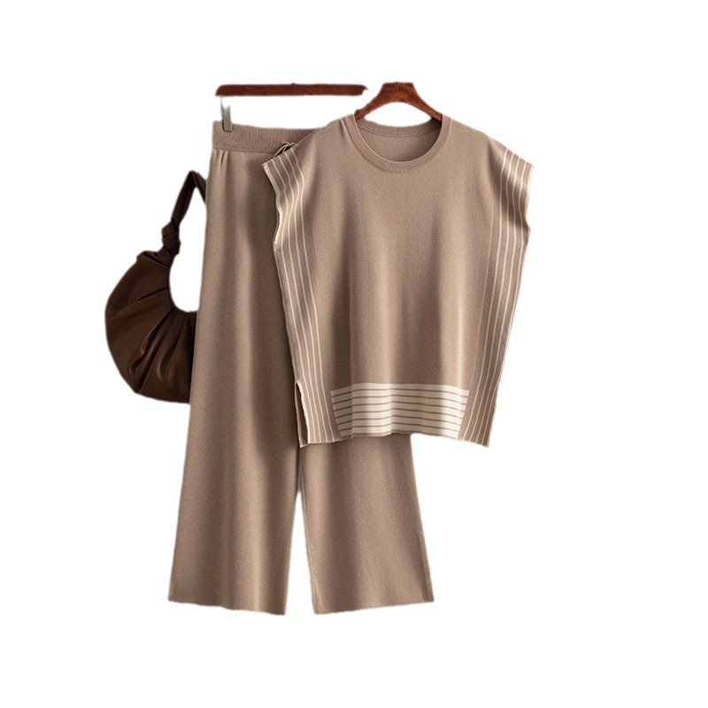 Wholesale 2024 Autumn New Fashion Striped Round Neck Loose Knit Sweater High Waist Straight Leg Wide Leg Pants Women's Set